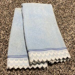 2 CANNON Alouette Lace HAND TOWELS * Light BLUE ~ WIDE WHITE Crochet LACE Edge